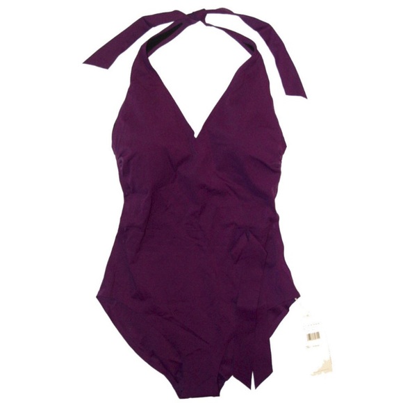 ❤️NWT Gottex Au Naturel V-Neck Halter Surplice Natural One Piece swimsuit Purple - Picture 3 of 5